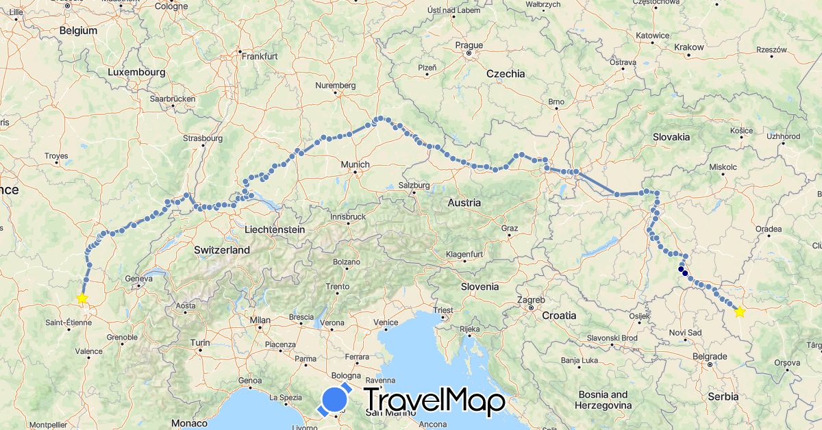 TravelMap itinerary: driving, cycling in Austria, Switzerland, Germany, France, Hungary, Romania, Slovakia (Europe)